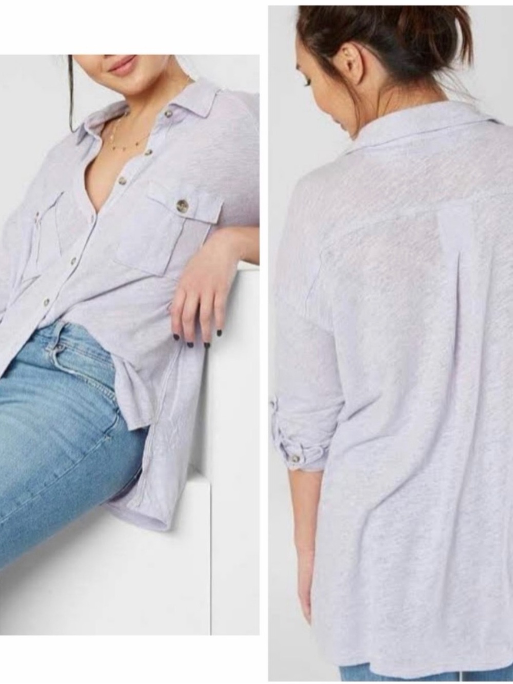We The Free Top Size Small Lavender Purple Button Down Linen Blend Long Roll Tab